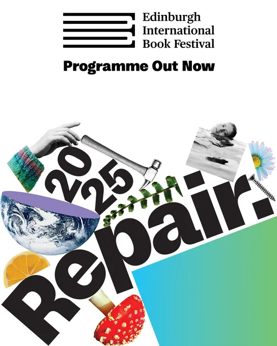 Image with the text Repair and a collection of images representing the Book festival theme and programme including a globe, flowers, hammer, and mushroom.