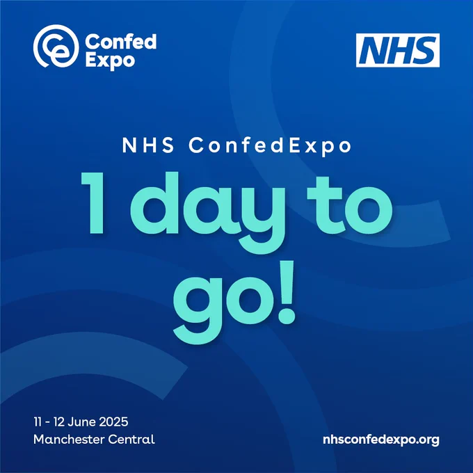 The asset shows the NHS ConfedExpo logo in the left corner and the NHS logo in the right corner. 
Below this reads: NHS ConfedExpo. 1 day to go! Manchester Central, nhsconfedexpo.org