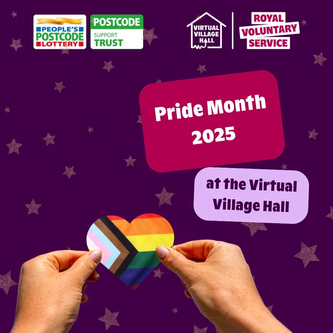 Graphic of two hands holding a heart in LGBTQ  flag colours with a title that reads Pride Month 2025 at the Virtual Village Hall.