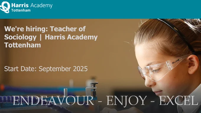 📢 We're hiring: Teacher of Sociology | Harris Academy Tottenham (HATO)

At Harris Academy Tottenham, we are proud to be an outstanding academy with unapologetic high expectations of our children, and a collaborative staff body that work hard to ensure the children achieve their very best. 

We are now looking to appoint a passionate Teacher of Sociology to join our dedicated team.

https://shorturl.at/iP6I8

🕐 Start Date: September 2025
📍 Location: Harris Academy Tottenham, N17
📩 To apply or express interest, email  or message us directly.

MPS/UPS (Inner London)   £1,500 Harris Allowance   Performance and Loyalty Bonus   Pension Scheme (TPS)   Harris Wellbeing Cash Plan   Additional Harris Benefits

We have an unwavering belief in the potential of everyone.
