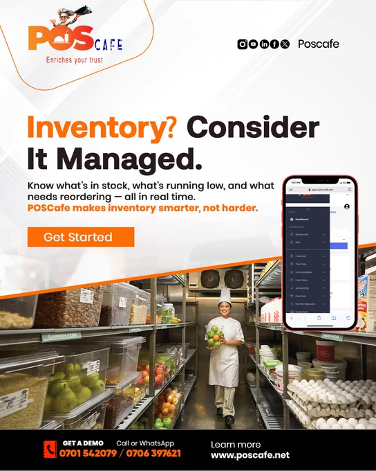 Ensure you're always stocked and ready with smart inventory management with POSCafe.

Visit www.poscafe.net  Or  
📞0701 542079 / 0706 397621. 

#HotelManagement #RestaurantTech  #Inventorymanagment  #Poscafe