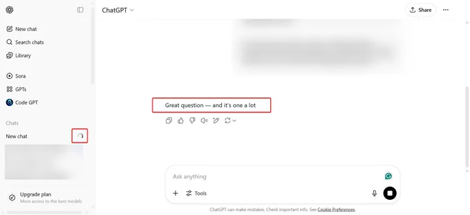 ChatGPT is down, not working. It's not responding to prompts, and there's a loading sign next to chats.