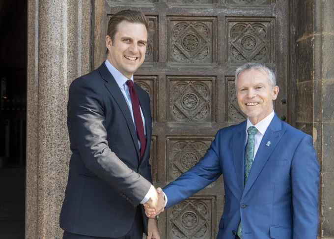 Daniel Johnson MSP (left) is greeted by the University of Glasgow’s Professor Frank Coton, Senior Vice Principal and Deputy Vice Chancellor (Academic), for the start of this year's Scottish Technical Conference.