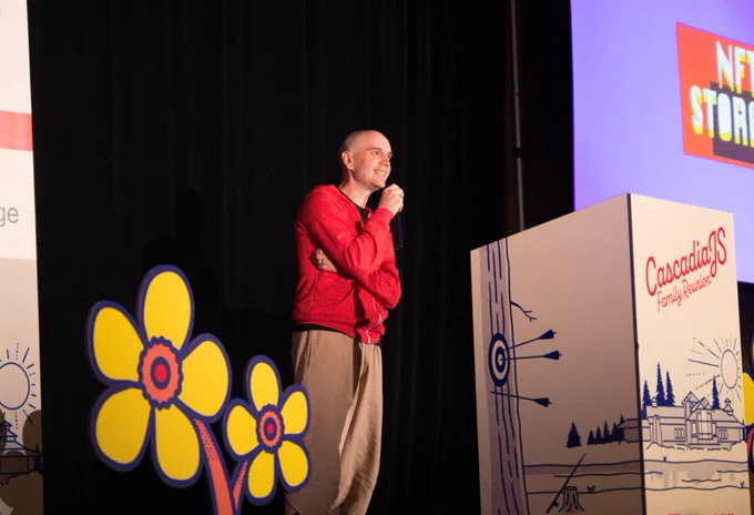 Mikeal speaking at CascadiaJS 2022