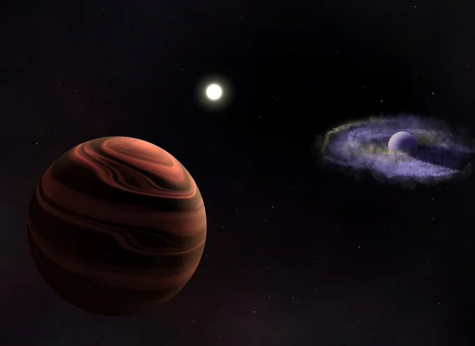 Artist impression of the YSES-1 System consisting of the ~16 Myr Sun-like star in the center, YSES-1 b and its dusty circumplanetary disk (right), and YSES-1 c with silicate clouds in its atmosphere (left). Image: Ellis Bogat. 