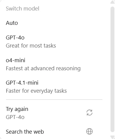switch model screen on ChatGPT