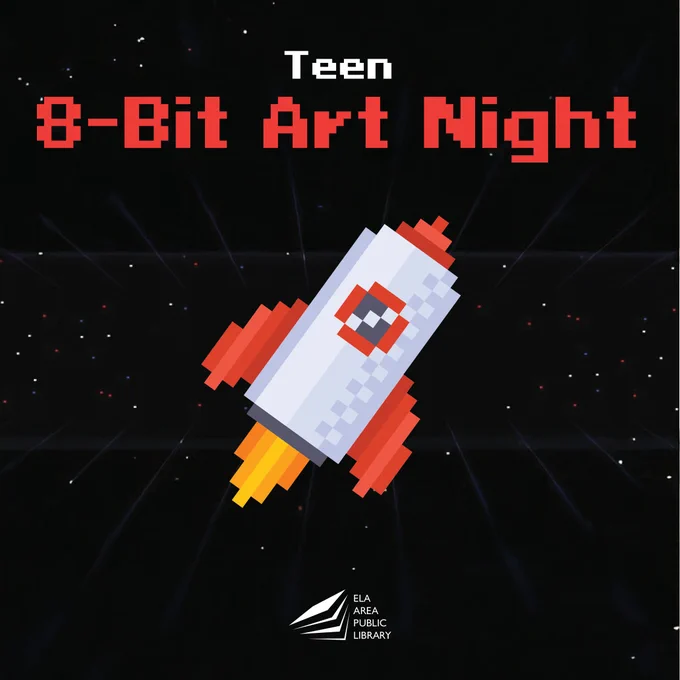 8-Bit Art Night image of a 1980s style video game pixelated rocket ship flying through space