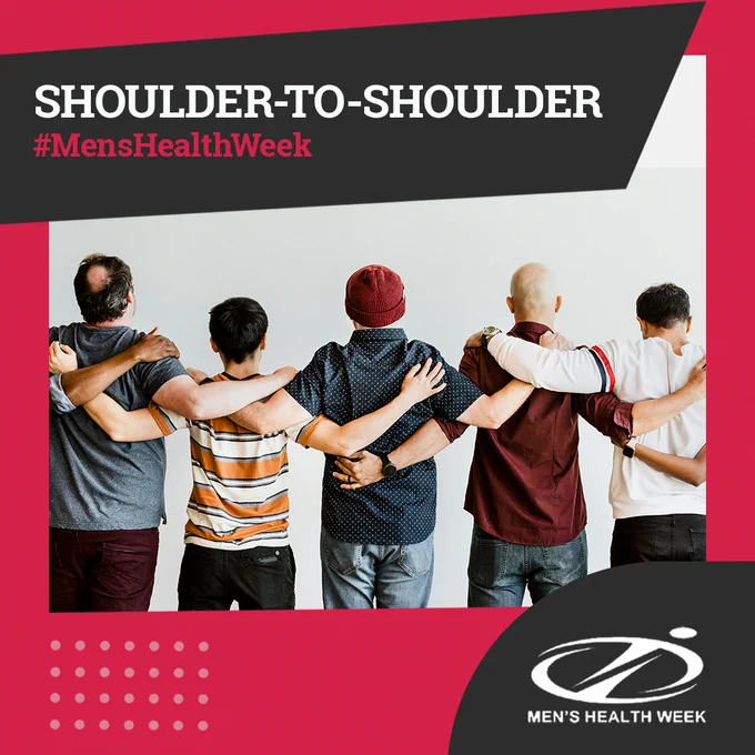Text saying 'Shoulder-to-shoulder #MensHealthWeek' and a line of the back of 5 men with their arms across each other.