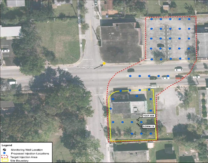 The blue dots onthe map represent the injection sites, where crews will inject hydrogen and iron to help bacteria naturally clean the groundwater.