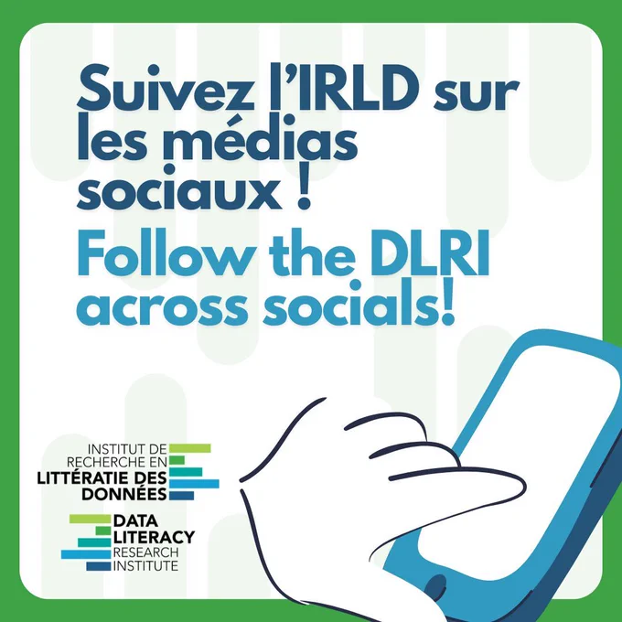 Un graphique d'une main touchant l'écran d'un téléphone avec le texte : « Suivez l’IRLD sur les médias sociaux! » // A graphic of a hand touching a phone screen that says "Follow the DLRI across socials!" 
