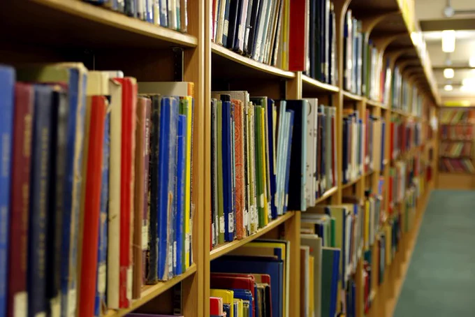 Row of books in a wooden library bookshelf