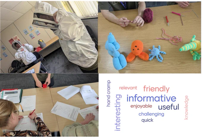 This image is a four-panel collage.
The top left panel shows two individuals in a classroom setting wearing a full white beekeeper suit with a netted hood, seated at a desk. 
The top right panel shows a close-up of hands working on a crochet project at a wooden table. There's a ball of burgundy yarn and a small red crochet hook, with some pink yarn strands. On the table are three completed knitted or crocheted items: a light blue figure with intertwining loops, an orange octopus with visible eyes and tentacles, and a green and yellow striped lizard-like creature.
The bottom left panel depicts two individuals at a light wooden table engaging in a technical drawing activity using rulers, pencils and graph paper.
The bottom right panel displays a word cloud with various adjectives. The most prominent words, in larger font sizes, are "relevant," "friendly," "informative," "enjoyable," and "useful." 
