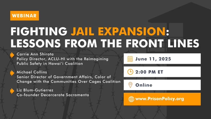 Flyer with webinar details - 
Date: June 11, 2025 at 2:00pm ET
Speakers include: Carrie Ann Shirota (Policy Director, ACLU-HI with the Reimagining Public Safety in Hawaii Coalition), Michael Collins (Senior Director of Government Affairs, Color of Change with the Communities Over Cages Coalition) and Liz Blum-Gutierrez (Co-founder Decarcerate Sacramento)