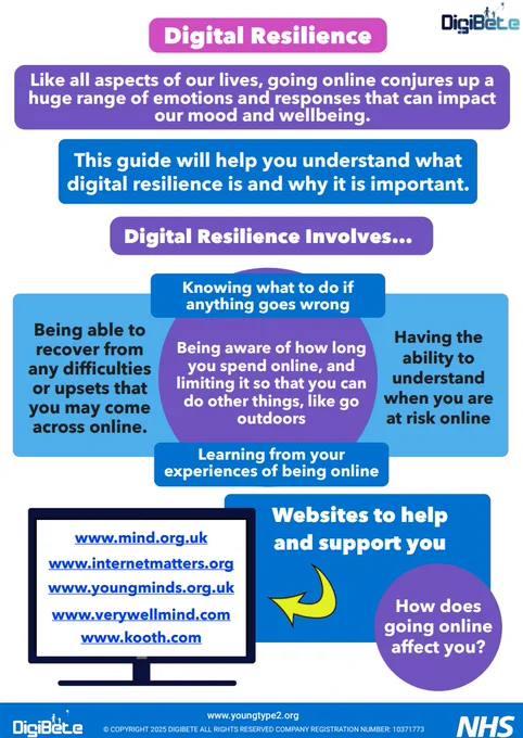 As screenshot of the first page to the digital resilience pdf that you can find on the young type 2 website. Tips on the screen include: Knowing what to do if anything goes wrong. Being aware of how long you spend online and links to other sites for further support. 