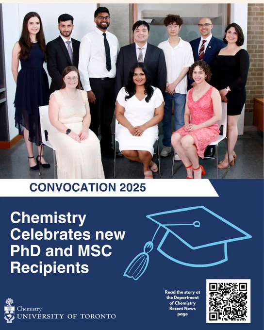 Poster image announcing a news story, with a portrait of featured subjects, as well as a QR code for interested readers to follow to the Department of Chemistry website.