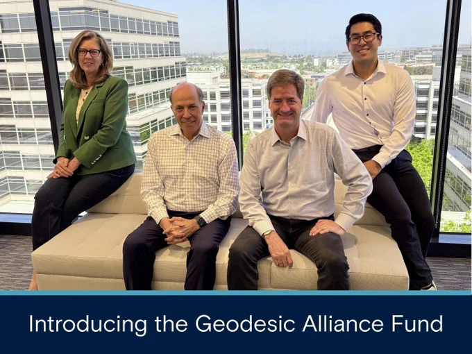 Introducing the Geodesic Alliance Fund, with a picture above with four people sitting on a couch, on the left is a woman in a green blazer, and on her right are three men in  white button down shirts.