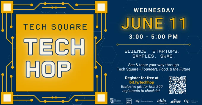 An image explaining the Tech Square Tech Hop event on June 11 from 3-5pm. 