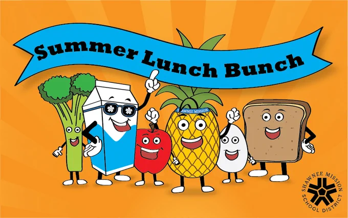Promotional graphic for 'Summer Lunch Bunch' featuring animated food characters including broccoli, milk carton, apple, egg, pineapple, and sandwich, set against an orange background with a blue banner. Logo of Shawnee Mission School District is included.
