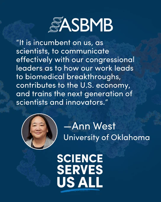 Text reads “It is incumbent on us, as scientists, to communicate effectively with our congressional leaders as to how our work leads to biomedical breakthroughs, contributes to the U.S. economy, and trains the next generation of scientists and innovators.” Ann West University of Oklahoma. There is a headshot of Ann West. Below the photo and quote is text that reads science serves us all. The background is a 3D illustration of protein enzymes.