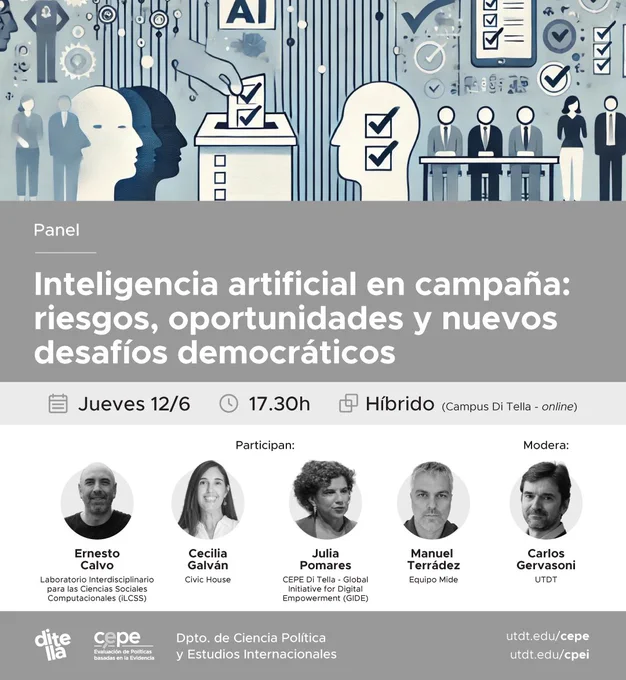 Flyer de evento con cara de los oradores, sus nombre y afiliaciones. El evento se llama: Inteligencia artificial en campaña: riesgos, oportunidades y nuevos desafíos democráticos