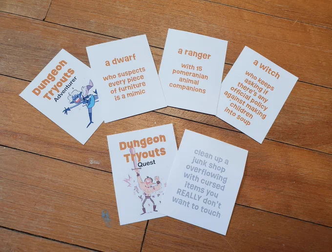Photo of early prototype cards of Dungeon Tryouts