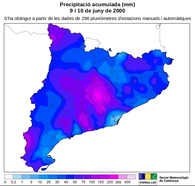 Mapa de la  precipitació acumulada (en mil·límetres, mm) des del 09/06/2000 a les 7 TU fins a l’11/06/2000 a les 7 TU a partir de les dades de les estacions manuals i de les automàtiques de la XEMA de l’SMC i de l’ACA.