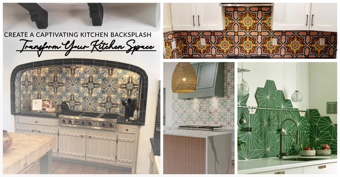 A collage of kitchen backsplash installations using cement tile patterns in square and hexagon formats.