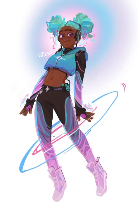 Digital illustration of Synthwave from Fortnite, a woman with dark skin and aqua afro hair styled in two puffs. She wears a pastel-colored crop top and pants with black accents. She floats inside pastel-colored rings, her body tilted with arms down, smiling at the viewer.