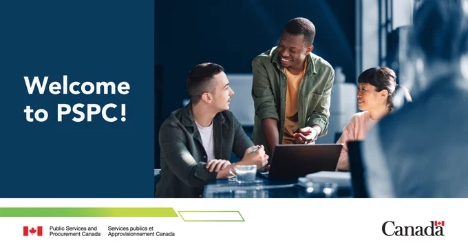 Three people sit around a table, actively engaged in discussion with laptops and documents in front of them. Text on the image: Welcome to PSPC!