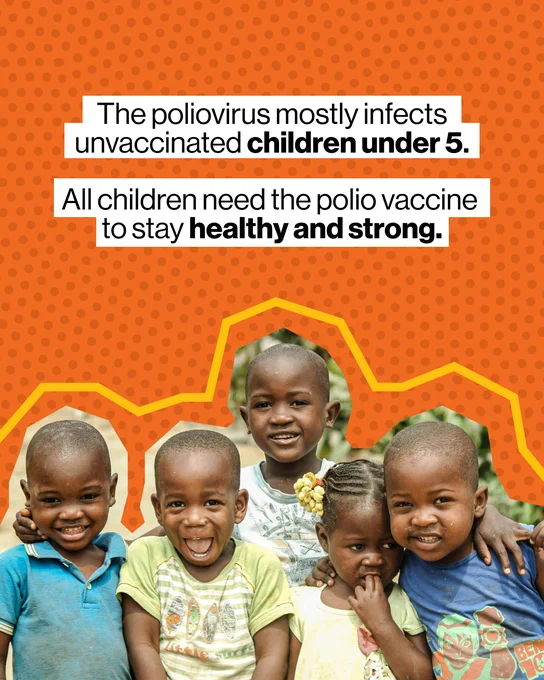 Background image overlay of 5 children smiling at the camera and text overlay: The poliovirus mostly infects unvaccinated children under 5. All children need the polio vaccine to stay healthy and strong.