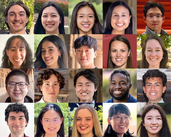 Collage of headshot photos of 20 Stanford graduate students.