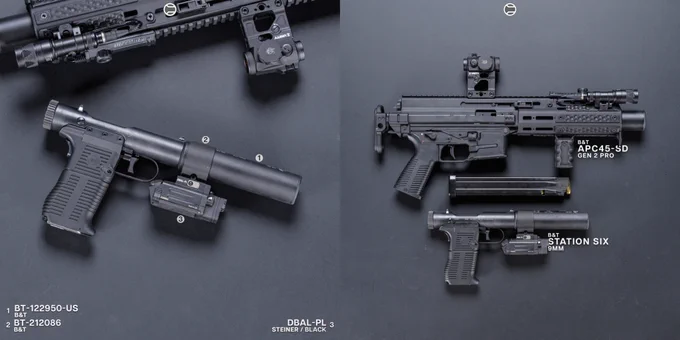 RailScales QTR Stop, RSB/M M-LOK VFG, 1-Slot & 1.5-Slot Honeycomb Black FR4 G10 Solo's, 3-Slot Honeycomb Black FR4 G10 RailScales, Hardtop Mount for Scout Light Pro Lights, Ampule RDS Tool | B&T USA APC45-SD Gen 2 Pro SBR, Aimpoint USA Micro T-2 Red Dot on Unity Tactical FAST Micro Mount, Surefire M340V-Pro Scout Light Pro IR Light w/ Surefire SR-07 Switch, B&T Parts BT-20394 PDW Stock for APC9/40/45, B&T USA Station Six 9mm w/ B&T Parts BT-212086 Rail, Steiner Optics DBAL-PL IR Pistol Light/Laser.