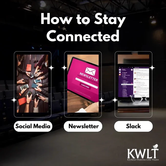 Background is of inside the KWLT theatre. Three images have been placed over top. Image one is people holding phones, image two is a tablet, and image three is of a slack channel. Text is underneath each image, in order they are: Social Media, Newsletter and Slack. 