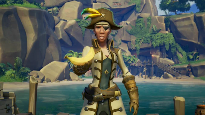 A pirate is offering you a banana.