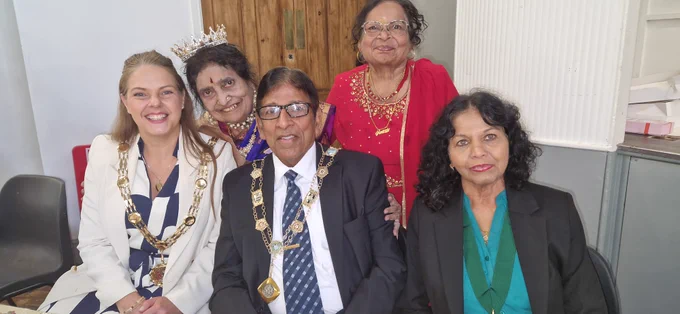 The Mayor of Sutton, Cllr Louise Phelan pictured with the Deputy Mayor, Cllr Cumar Sahathevan, the Mayoress, Malar Sahathevan, Mrs Sarva Kumararaja, Chair of the Sutton Tamil Senior Group and whose 80th birthday celebrations it was and Mrs Rane Ganeshkumar
