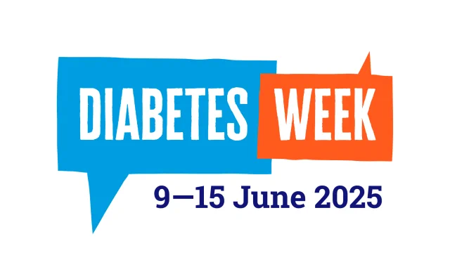 A white rectangle which contains two speech bubbles, one light blue and one orange, which contain the text 'Diabetes Week' in white capital letters. Underneath this image in dark blue text it says '9-15 June 2025'.