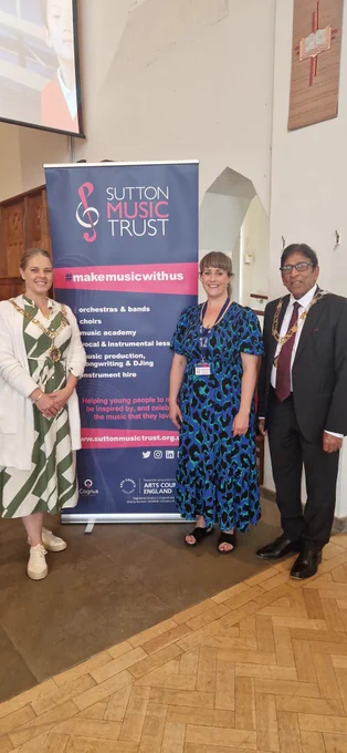 The Mayor of Sutton, Cllr Louise Phelan pictured with the Deputy Mayor, Cllr Cumar Sahathevan and Senior Vocal Curriculum Leader, Emily Murphy