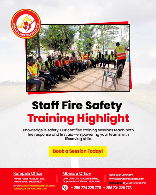 Equip your staff with crucial life-saving abilities! 🔥 Our certified fire safety sessions feature both  fire emergency procedures and essential first aid. Knowledge is safety, and @UgandaFireExperts is here to equip you..⛑️

Book us today!
📞 256 774 228 778 /  256 701 228 778
