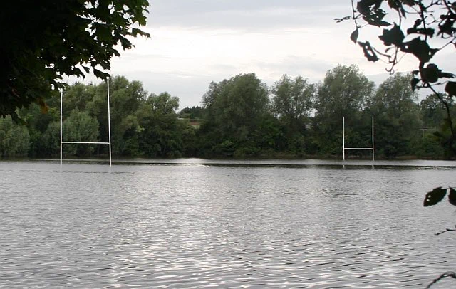 Flooded rugby ground.