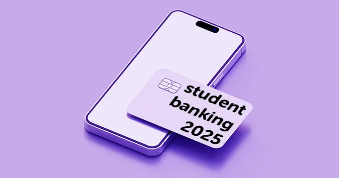 A digital mockup of a smartphone with a bank card tapping it, with the words "student banking 2025" printed on it. The whole image is in a largely purple tint.