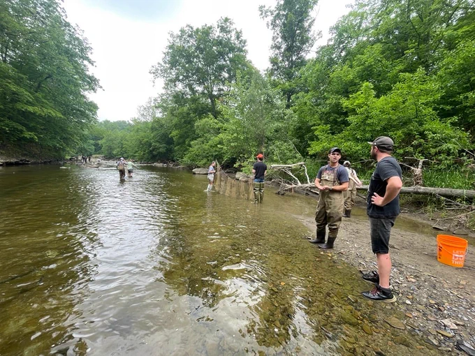 A group of participants stands along Hemlock Creek during a community electrofishing demonstration, observing stream sampling techniques and native fish collection in Walton Hills, Ohio.