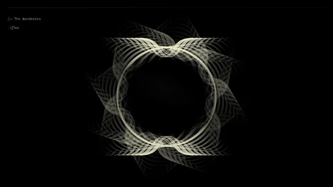 Abstract pale-ivory mandala flower of overlapping feathered arcs forming a hollow ring on black; tiny upper-left text reads ‘for The Wanderers'