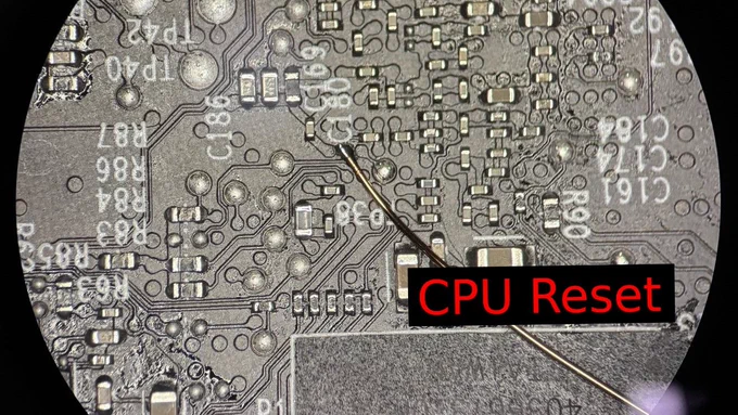 A picture of the CPU reset line on a Sonos Era 300 main board.