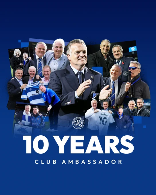 A graphic celebrating Andy Sinton's 10 years as QPR club ambassador.