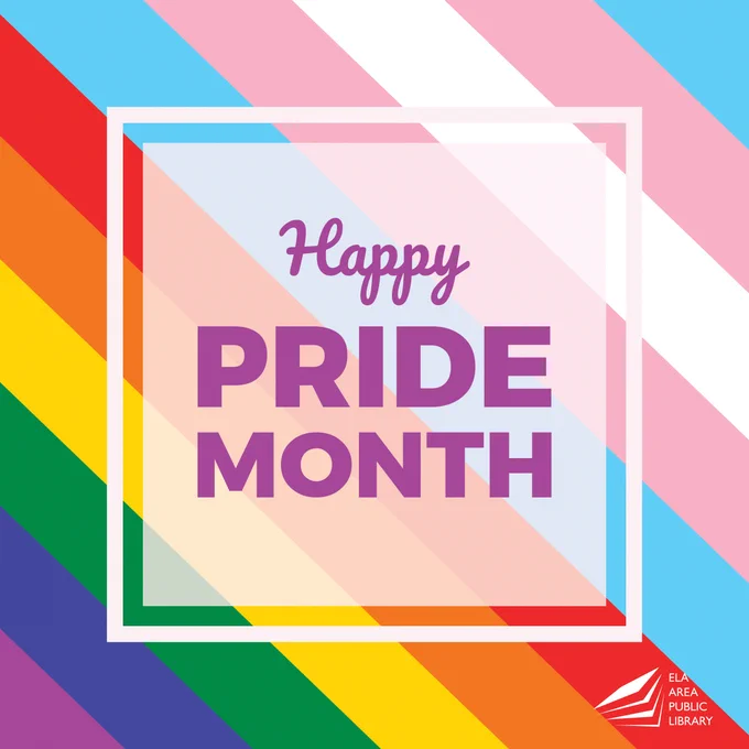 Happy Pride Month image is of diagonal rainbow stripes
