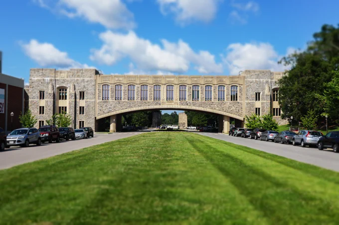 The Virginia Tech Torgersen Hall bridge captured with tilt shift photography.