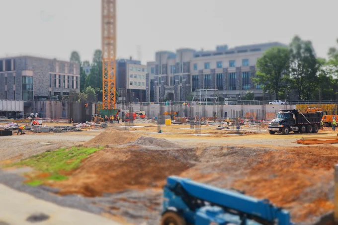 The construction site of what will soon be Mitchell Hall at Virginia Tech captured with tilt shift photography.