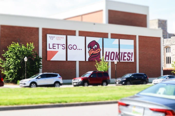 The Virginia Tech Squires Student Center sign that reads “Virginia Tech. Let’s Go…Hokies!”
