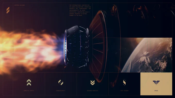 Strider Capital Investment Firm: Dark, cinematic dashboard, left, a rocket nozzle spews blue-orange flame; right, Earth’s curved horizon glows. A grid overlays the scene with small gold icons and labels—Domestic Safety, Cybersecurity, Defense Robotics, Life Science, and a highlighted ‘Space’ tile; headline reference to NASA’s Artemis Accords in fine print.