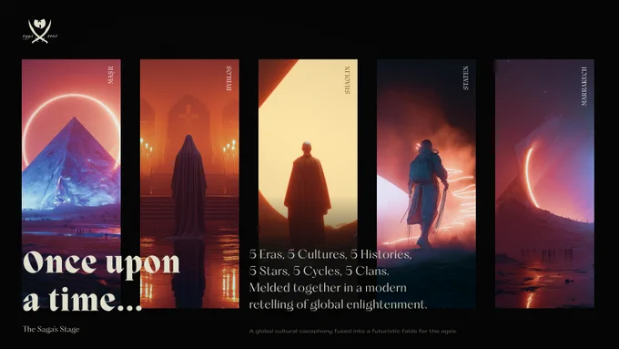 PleasrDao project for Wu Tang Clan: Stylized deck split into five tall sci-fi panels—icy glowing pyramid, hooded figure in torch-lit hall, monk before giant doorway, futuristic warrior with sword amid neon mist, and alien monolith at dusk—each labeled with place-names. Top left a Wu-Tang Clan crest; bottom left large serif text ‘Once upon a time…’; central caption lists ‘5 Eras, 5 Cultures, 5 Histories…’ describing a global saga.